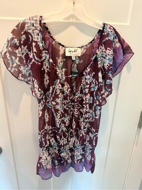 Hy & Dot Plum Floral Flutter Sleeve Blouse Small Boho Sheer